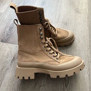 ZARA Tan Suede Combat Boots / Chunky Platform Lace-Up Boots – Size 38